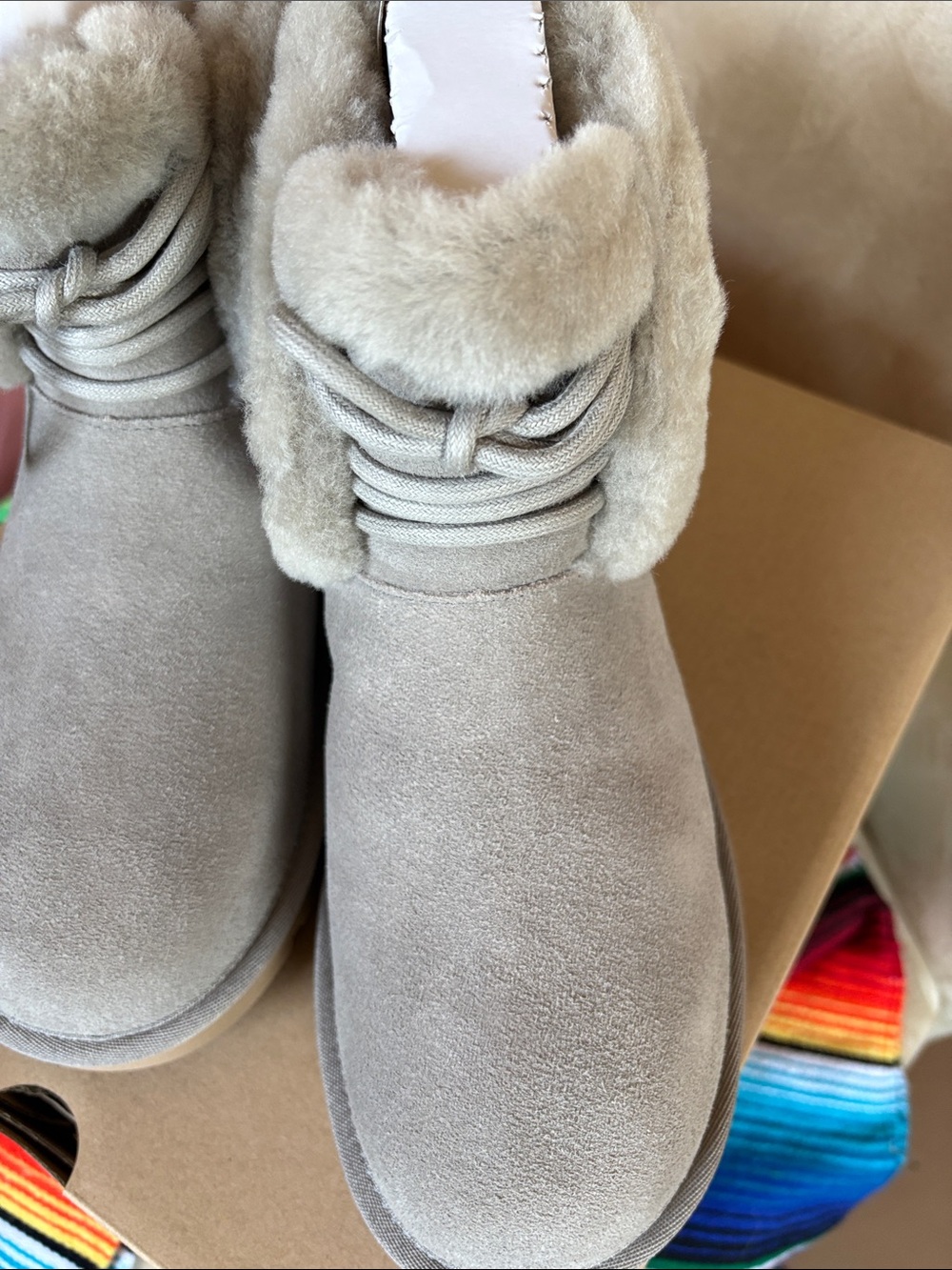 UGG Taupe Suede Shearling Lace-Up Booties - Picture 2 of 4